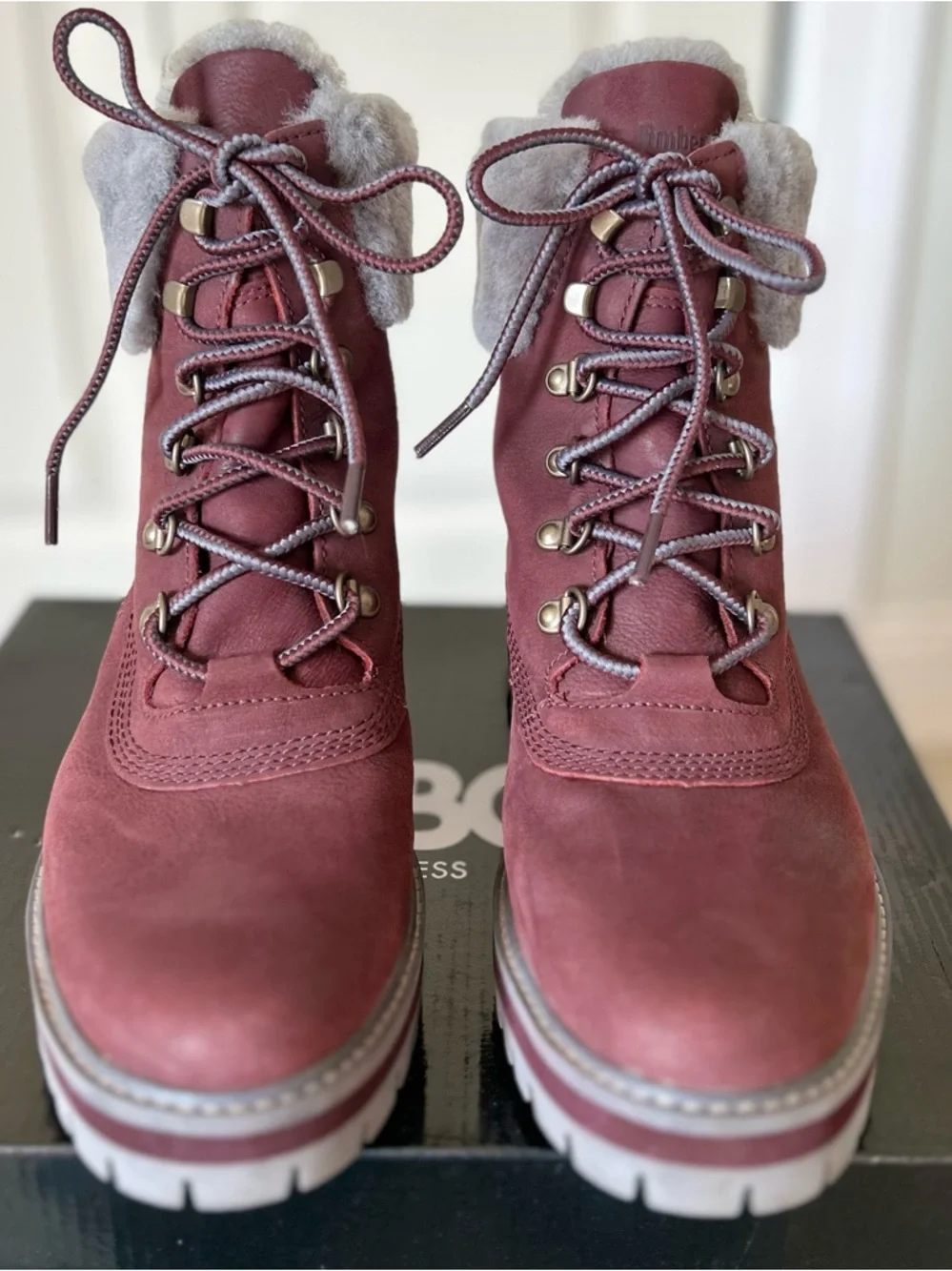 Timberland Burgundy Lace-Up Faux-Fur Cuff Winter Boots - Picture 4 of 5